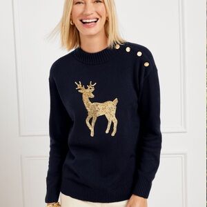 Talbots Dark Blue Sweater with Gold Reindeer Sequin Design
